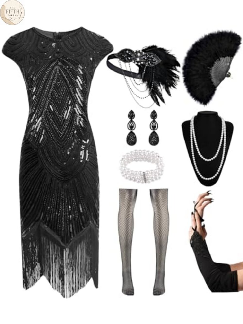 1920s Sequin Fringe Flapper Dress Set Satin Gloves Headband Fan Costume